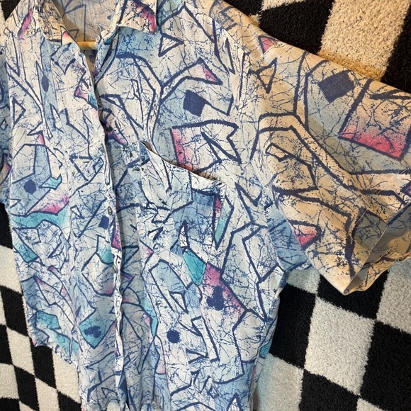 Vintage Try 1 Retro Geometric Blue And White Womens Short Sleeve Button Up Shirt - Picture 2 of 4